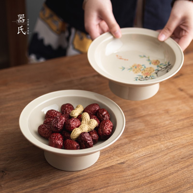器氏 草木灰茶点盘家用中式点心盘陶瓷复古高脚果盘托盘茶具配件