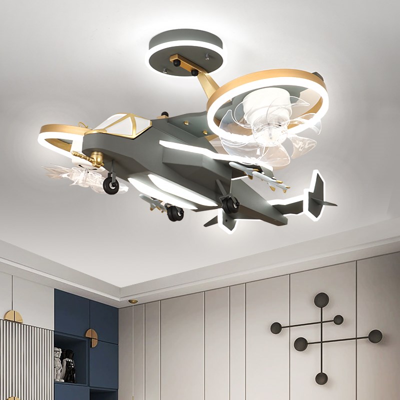 飞机风扇灯儿童房全光谱护眼卧室灯男孩创意网红电扇灯男童房吊灯