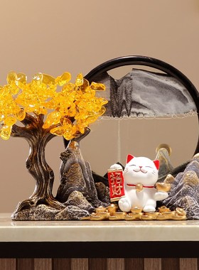 新中式发财树招财猫流沙画摆件办公室客厅玄关电视柜装饰开业礼物
