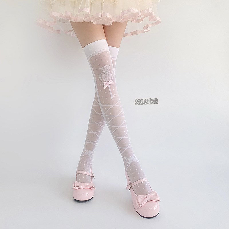 lolita过膝长筒袜子女夏季薄款菱格白丝袜甜美蝴蝶结高筒大腿袜