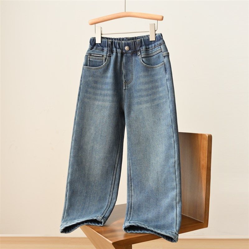 170儿童直筒加绒牛仔裤 男童女童一体绒保暖长裤中大童 冬款 童装