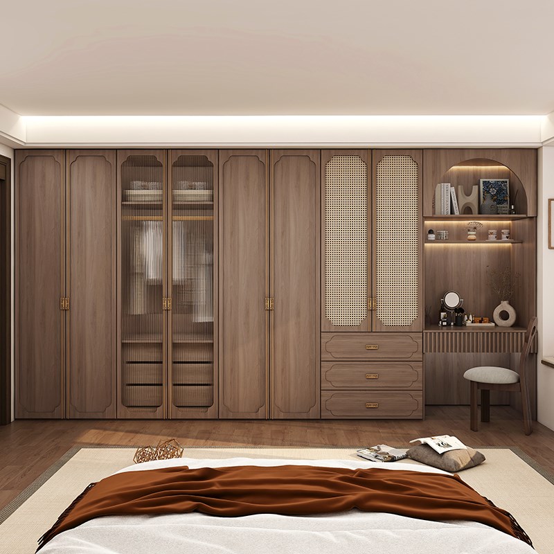 新中式实木大衣柜家用卧室玻璃门衣橱梳妆台书桌一体衣帽间组合柜