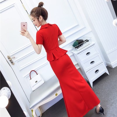 晚礼服裙气质优雅时尚西装领长裙荷叶边修身显瘦包臀红色连衣裙女