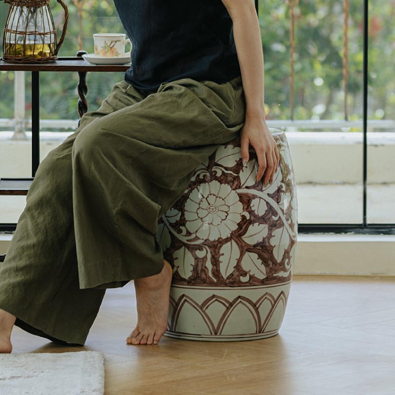 家庭罗曼史 步步生花钒红手绘鼓凳手绘陶瓷法式国风客厅边几换鞋