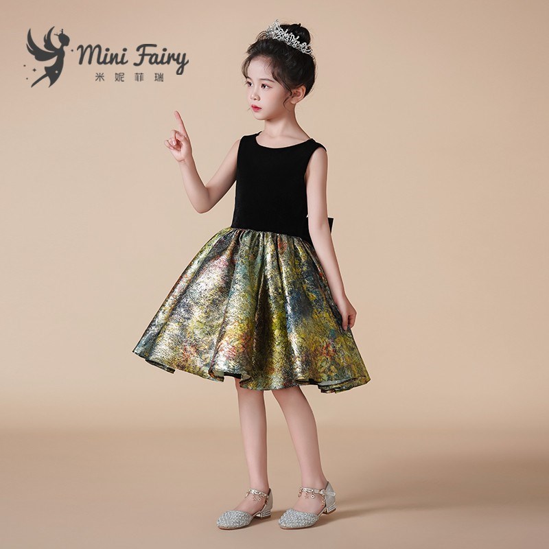 小女孩高端走秀公主裙主持人表演黑色儿童礼服洋气钢琴演出服