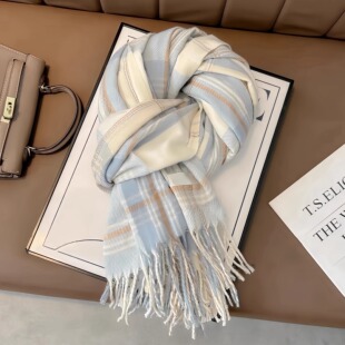 蓝色高级感男女格子围巾冬季 韩系百搭学生保暖彩色围脖厚 2025新款