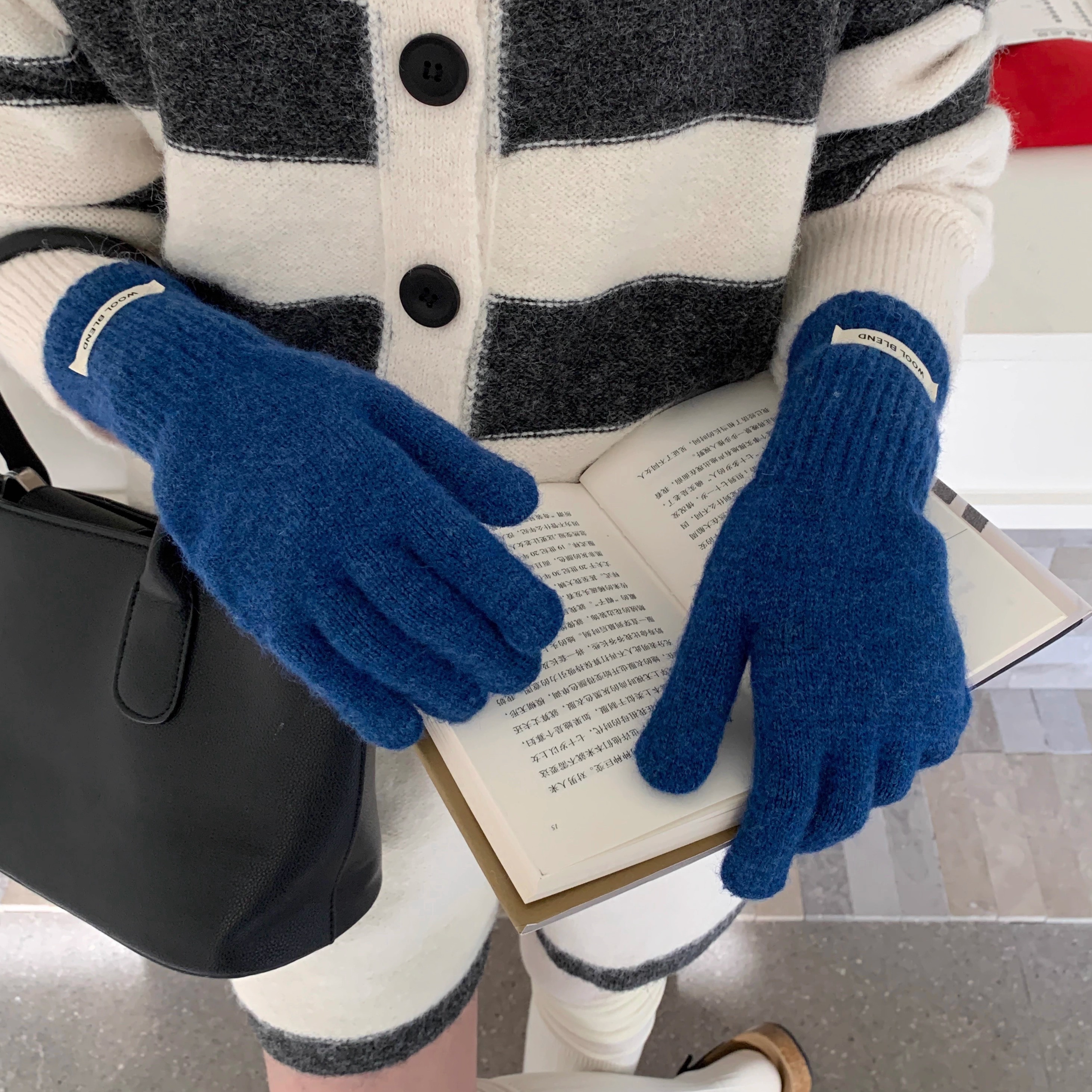 定制款~蓝色含羊毛手套女秋冬季可触屏防寒针织保暖防冻长款手套