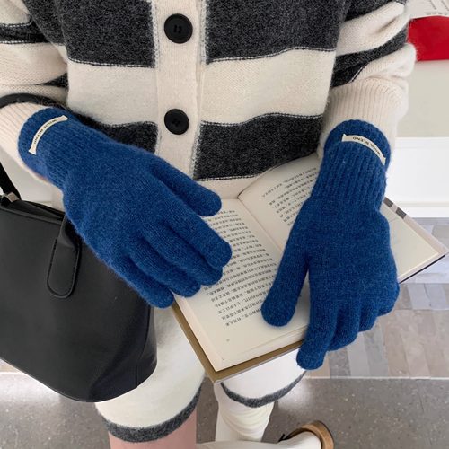 定制款~蓝色含羊毛手套女秋冬季