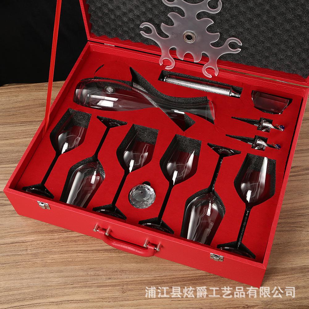 豪华水晶红酒杯葡萄酒杯架子婚庆礼品高脚杯酒塞醒酒器皮箱十件套图片