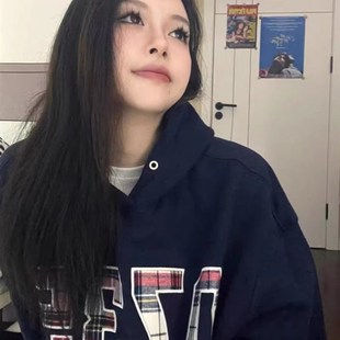 复古潮牌街头连帽卫衣印花宽松慵懒外套秋冬加U绒加厚纯棉女 美式