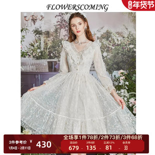 花儿开了春季新款法式V领蕾丝网纱连衣裙女修身显瘦中长款公主裙