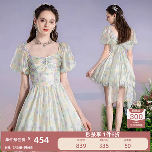 灯笼裙 花儿开了2025夏季 新款 法式 方领水光纱印花连衣裙女高腰短款