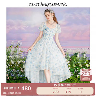 中长款 花儿开了夏季 超仙印花茶歇连衣裙女高腰修身 法式 公主裙 新款