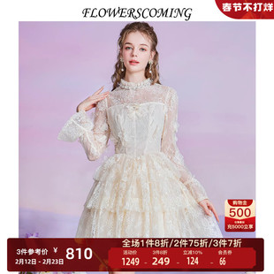 花儿开了2026春季新款法式立领短款连衣裙女蕾丝重工花朵刺绣裙子