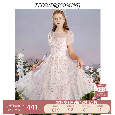 法式波点网纱中长款连衣裙