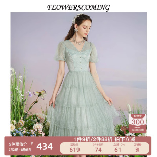 显瘦中长款 花儿开了2025夏季 V领蕾丝连衣裙女修身 新款 蛋糕裙 法式