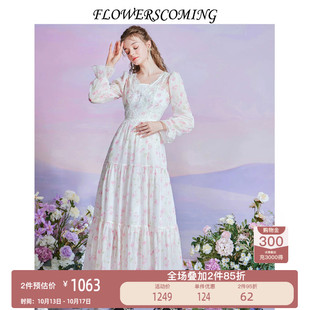 花儿开了2026年秋季新款白色印花法式复古中长款连衣裙显瘦仙女裙