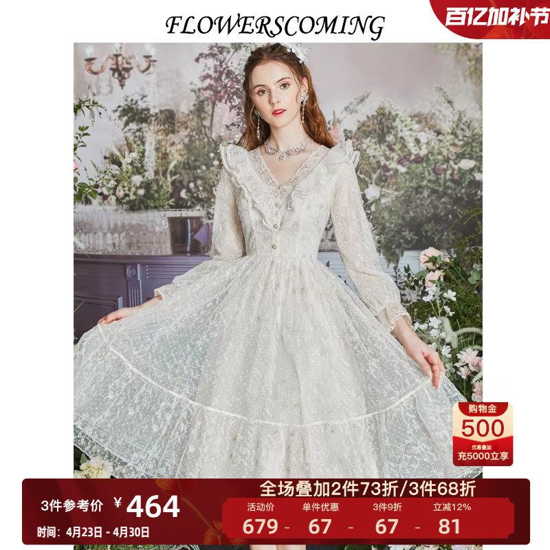 花儿开了春季新款法式V领蕾丝网纱连衣裙女修身显瘦中长款公主裙