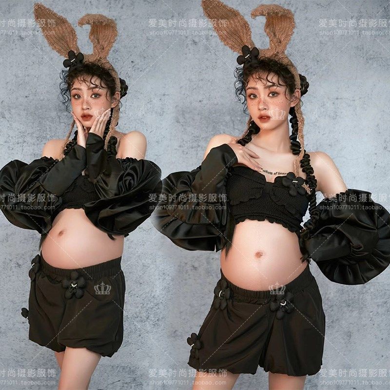 23影楼主题新款孕妇拍照服装卡其兔耳朵黑色套装泡泡袖写真摄影服,孕妇装/孕产妇用品/营养,影楼服装,淘宝优惠券,粉丝福利购,淘宝优惠卷