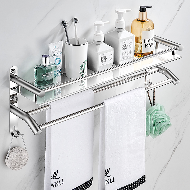免打孔毛巾架卫生间置物架一体壁挂式厕所304不锈钢浴室挂毛巾杆