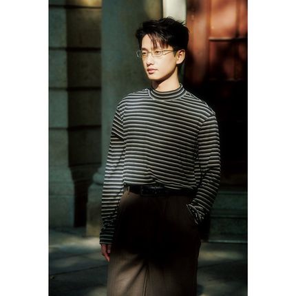 何记港风/条纹德绒半高领打底衫男 秋冬保O暖衣内搭加绒长袖T恤