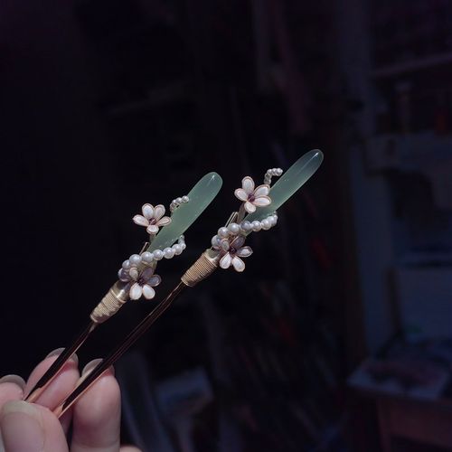 手工绒花发簪汉服马面裙旗袍古典民族风天然石R纯手工古装发钗盘