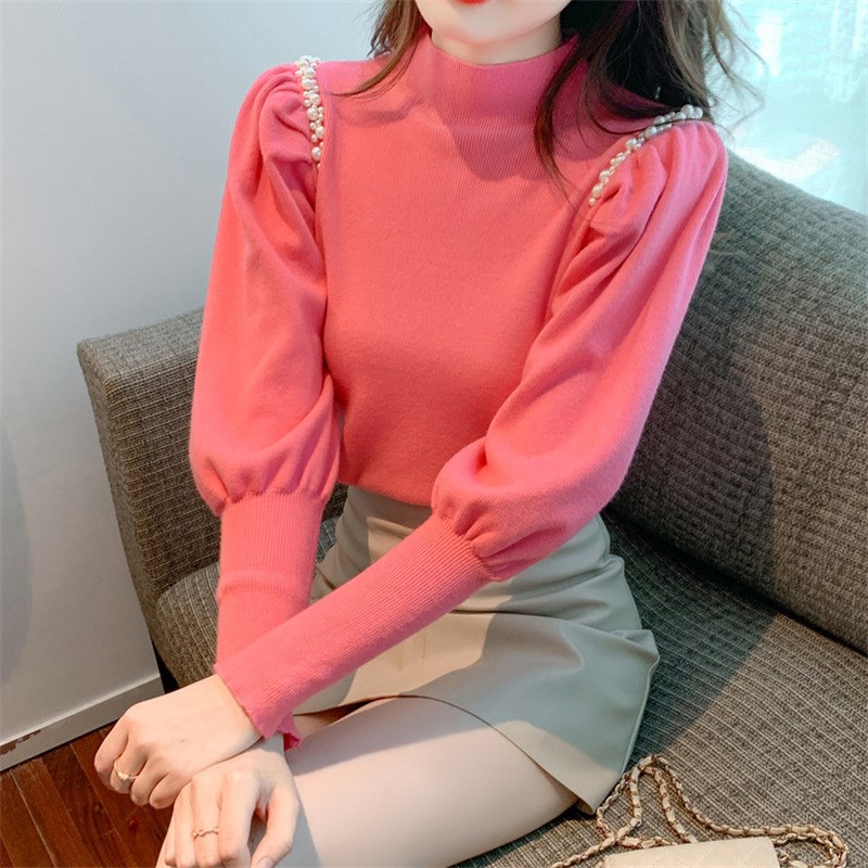 半高领钉珠灯笼袖针织打底衫女秋冬洋气内搭毛衣时尚百搭修身上衣