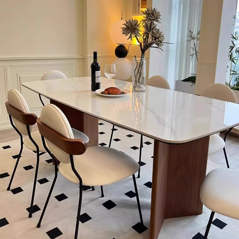 法式复古风桌子胡桃色实木长条岩板侘寂茶桌长方形中古小户型餐桌