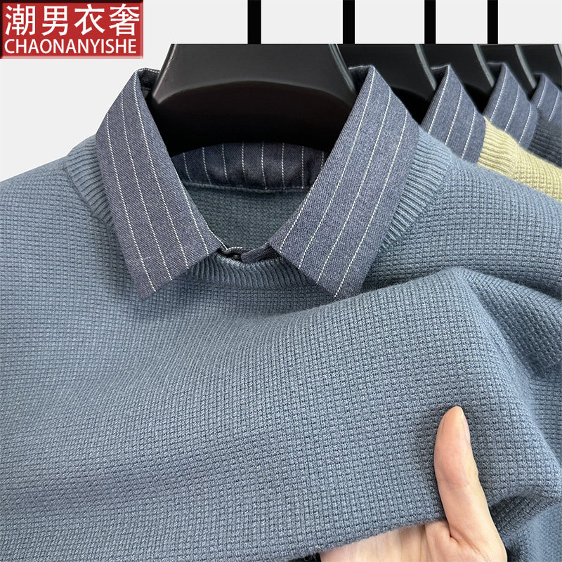 假两件毛衣男秋冬季衬衫领套头毛衫中年男士保暖上T衣针织打底衫