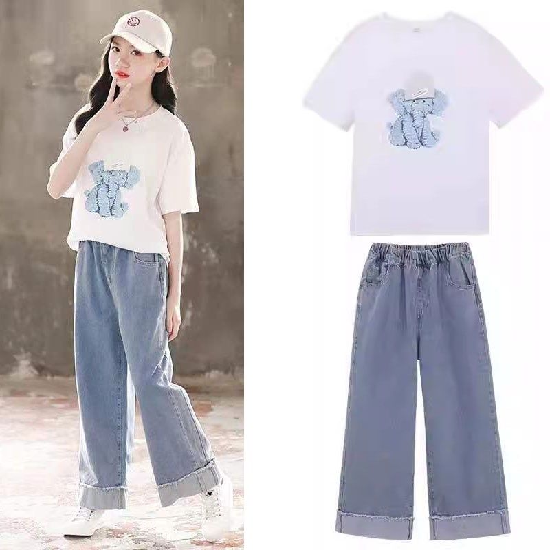 女童短袖t恤套装夏装纯棉大童运动休闲夏季薄款阔腿牛仔长裤两件,童装/婴儿装/亲子装,套装,淘宝优惠券,粉丝福利购,淘宝优惠卷
