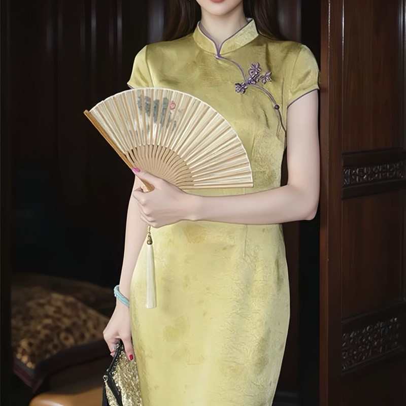 【庐州月】新中式绿色提花改良旗袍女国风气质收腰显瘦日常连衣裙