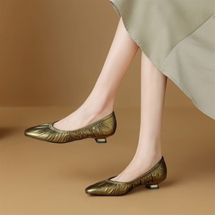 气质百搭奶奶鞋 褶皱真皮浅口小跟鞋 法式 春夏新款 女圆头低跟B单鞋