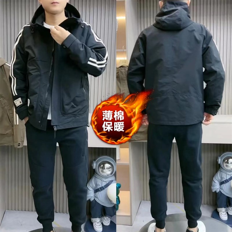 8837春季男士新款时尚百搭连帽外套潮流保暖棉服男装条纹拼接棉衣