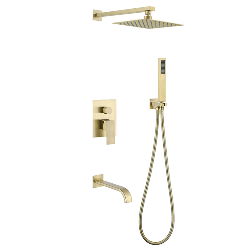 贝西暗装花洒淋浴套装304不锈钢拉丝金入墙嵌入式方顶黑色水龙头