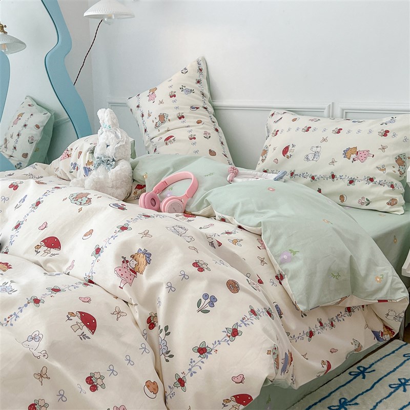 小清新蘑菇女孩纯棉四件套少女心卡通F全棉被套学生三件套床单床