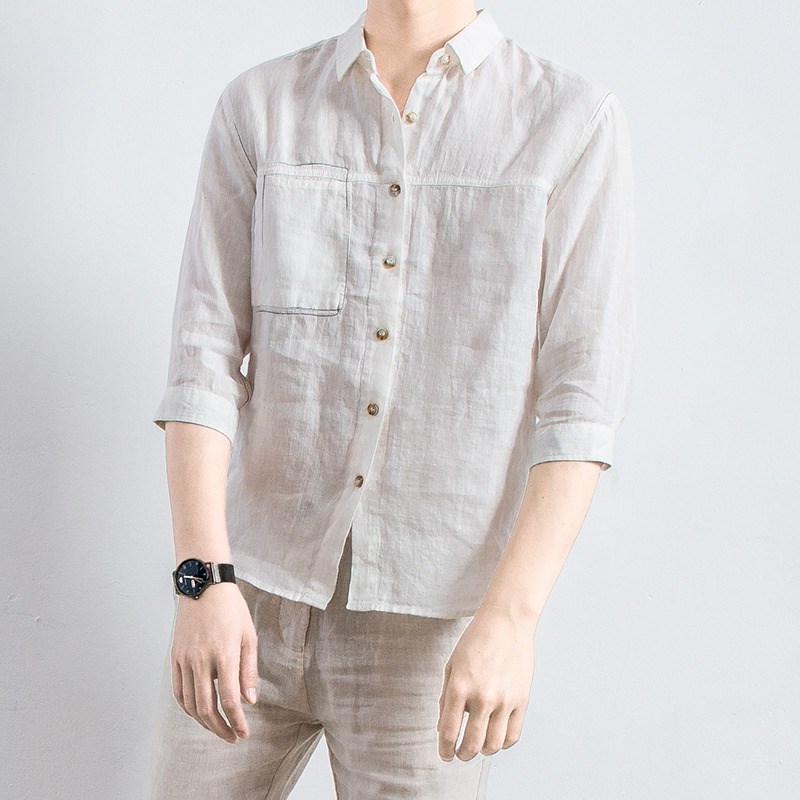 亚麻七分中袖衬衫男夏季宽松大码翻D领缉明线口袋透气棉麻休闲衬