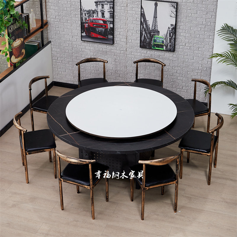 饭店火锅烧烤店餐桌椅组合复古怀旧大圆桌带转盘加大可定制多人