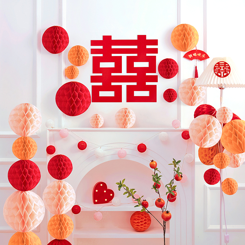 婚房布置套装男女方新房卧室客厅背景墙套餐拉花蜂窝球结婚礼装饰