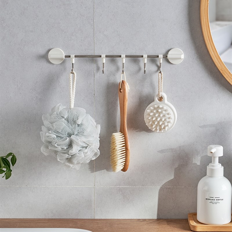 日式可调节挂钩厨房浴室5连排钩免打孔挂杆浴室柜门粘贴收纳架子