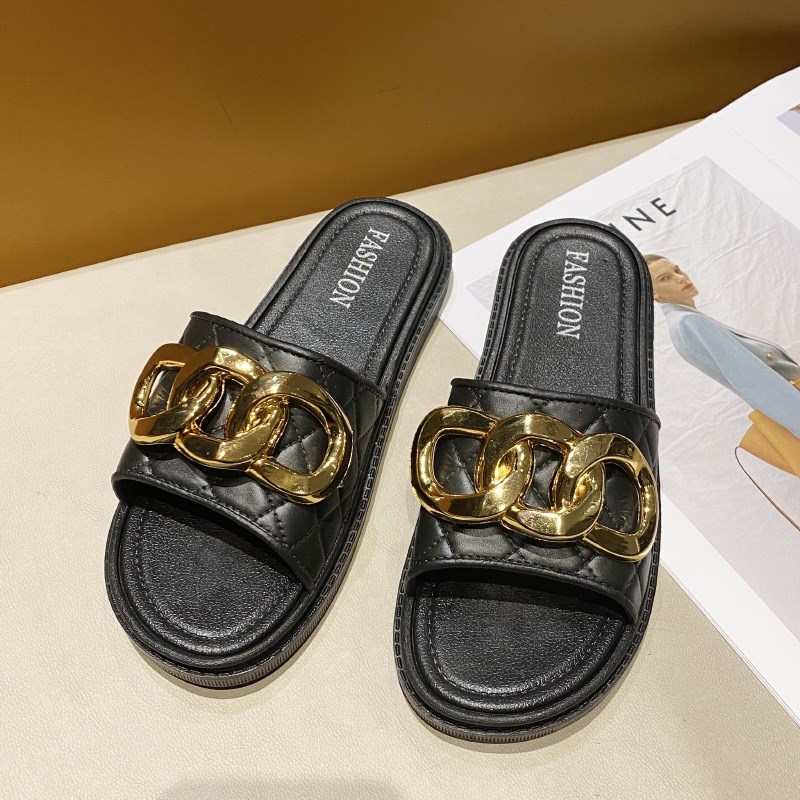 夏季新款拖鞋女时尚仿金属链条一字拖平底韩版厚底外穿凉鞋女