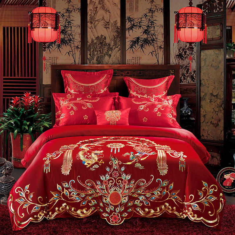 结婚床上用品四件套刺绣喜字新婚红色龙凤被套婚庆床单婚嫁喜被子