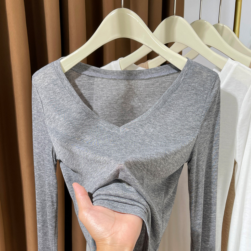 大领口灰色薄款打底衫女2024新款低胸V领内搭显瘦小衫针织上衣秋