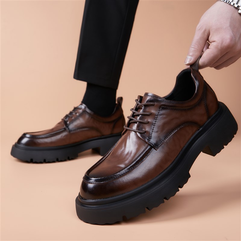 秋季新款男鞋厚底增高百搭休闲皮鞋真皮系带棕色透气商务正装男鞋