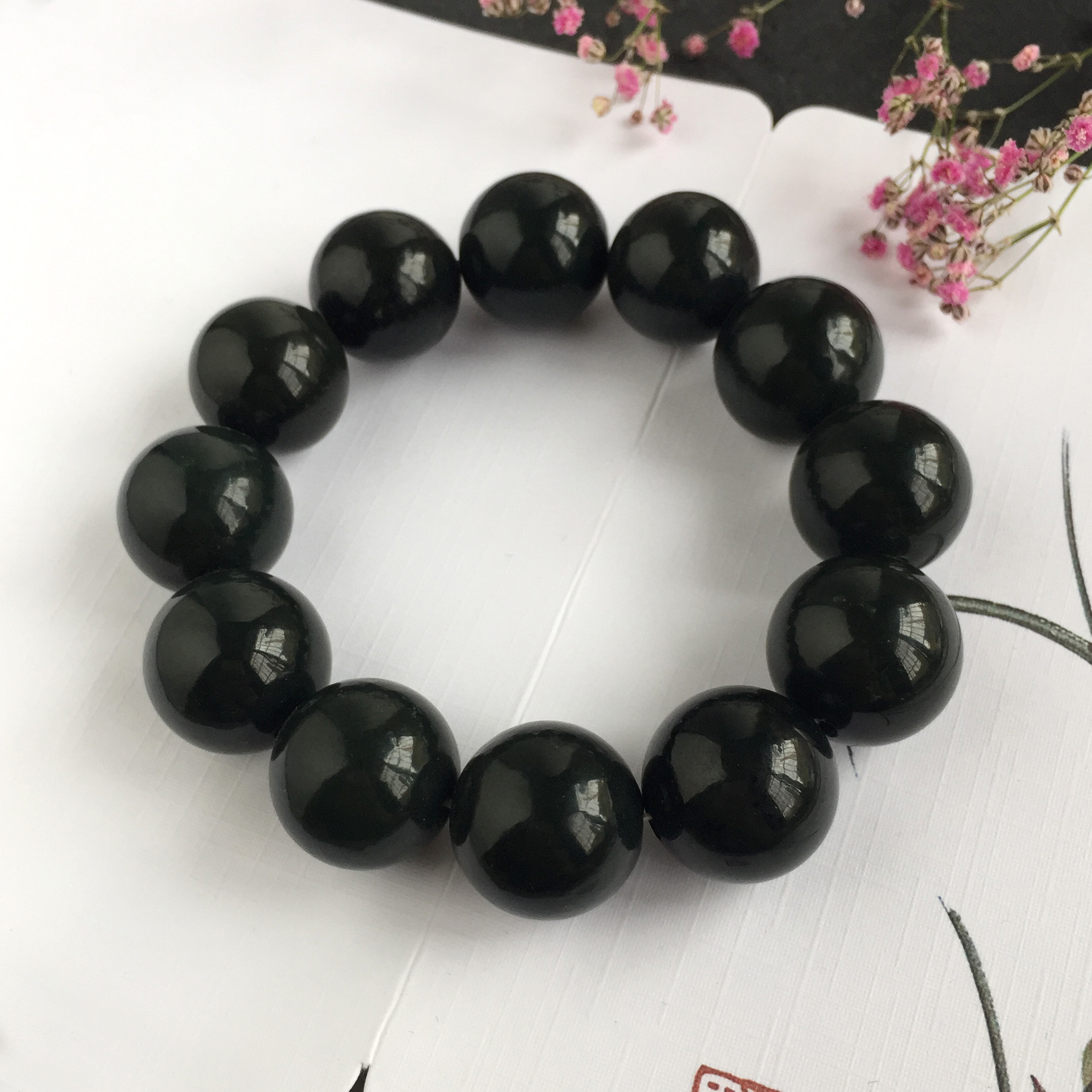 天然新疆和田青玉圆珠手链男女黑墨玉18mm大珠子手串简约串珠