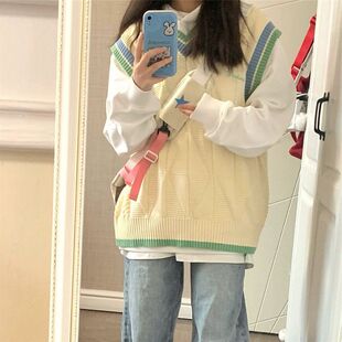 春秋季新款日系慵懒风撞色毛衣马甲背H心女学生宽松V领套头针织衫