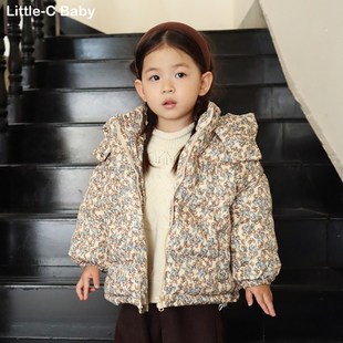 韩国女童2024秋冬新款复古高级感碎花加厚羽绒服宝宝保暖羽绒袄子