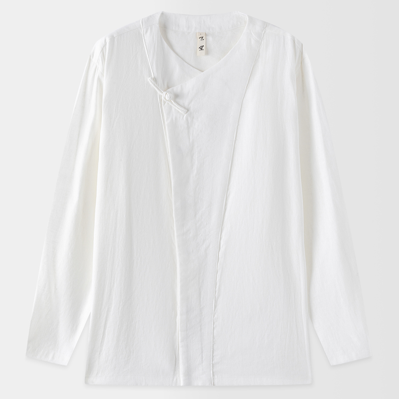 秋季唐装男中式复古纯亚麻衬衫改良斜门襟手工盘扣圆领打底衫男