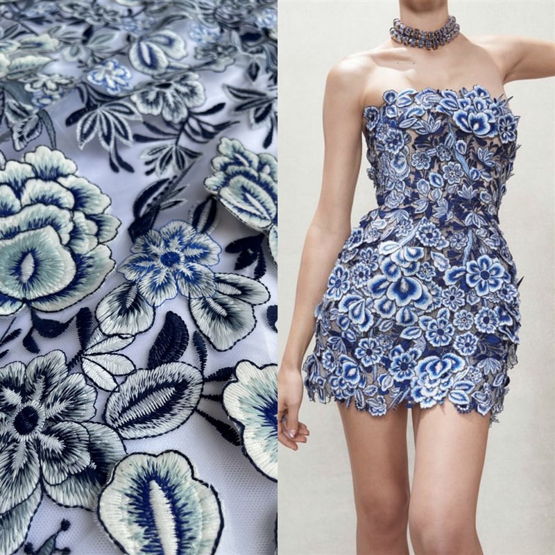 非成衣 新款彩色绣花青花瓷 手工贴花刺绣礼服晚装天蓝色面料