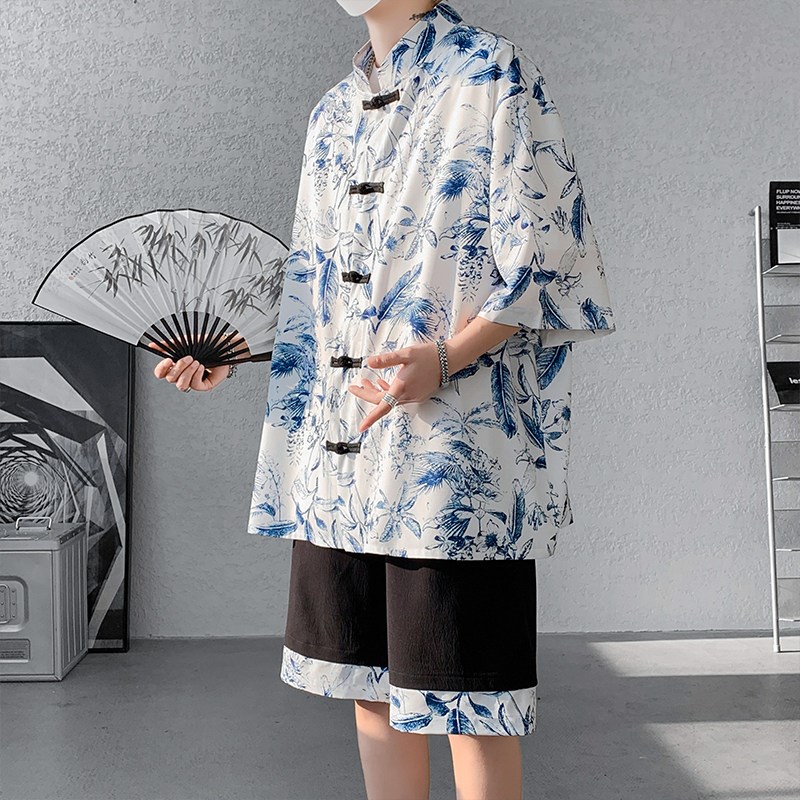 冰丝短袖衬衫男夏季套装新中式男装中国风复O古盘扣唐装花衬衣一