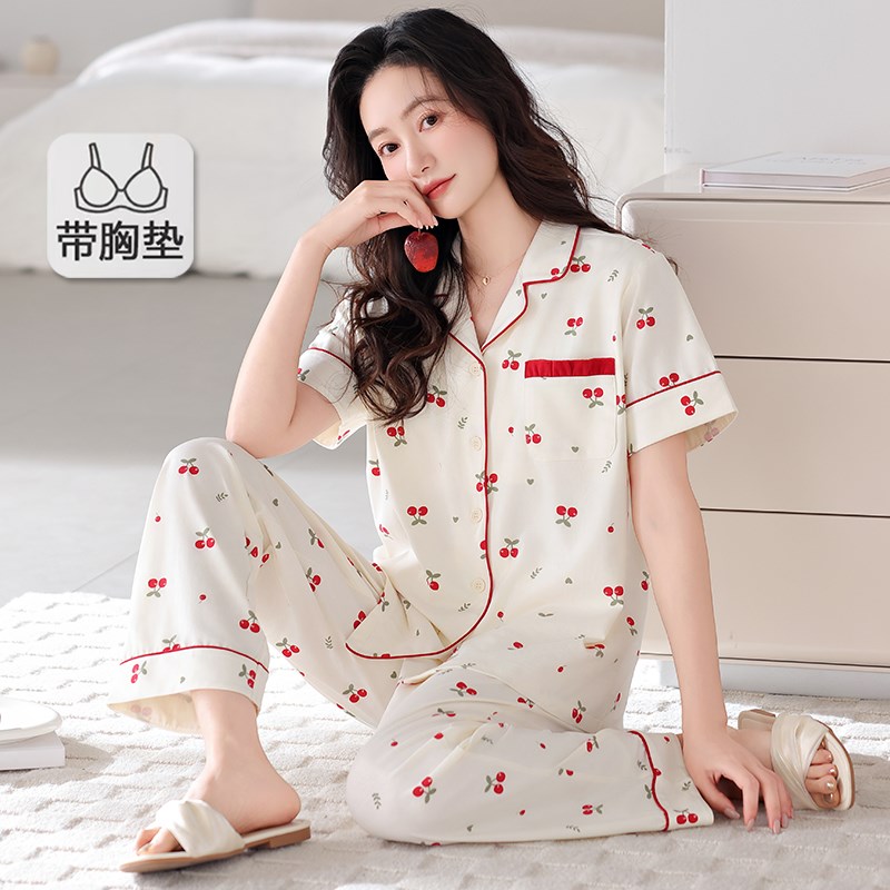 睡衣女款夏季纯棉带胸垫2025新款短袖长裤夏天夏款套装随和家居服